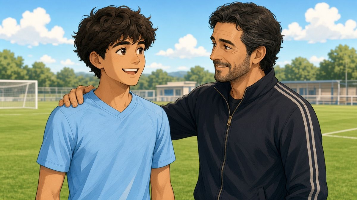Bright comic of a fictional manager encouraging a young midfielder in sky blue on a sunny training ground