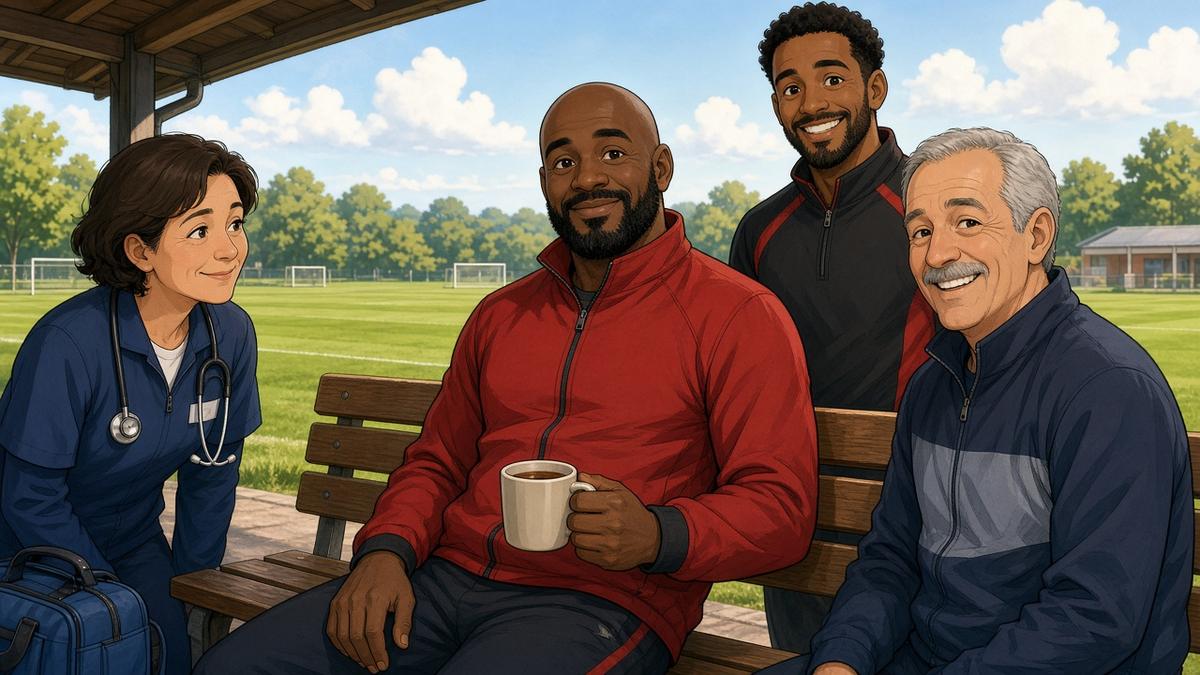 Bright comic of a friendly fictional bald manager in a red jacket resting on a bench with tea as caring staff wish him well