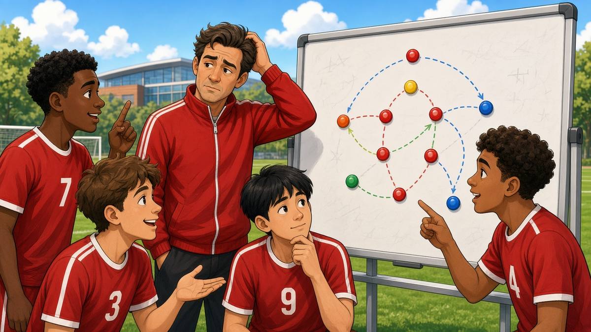 Bright comic of a puzzled fictional manager in red at a tactics board with his players offering ideas