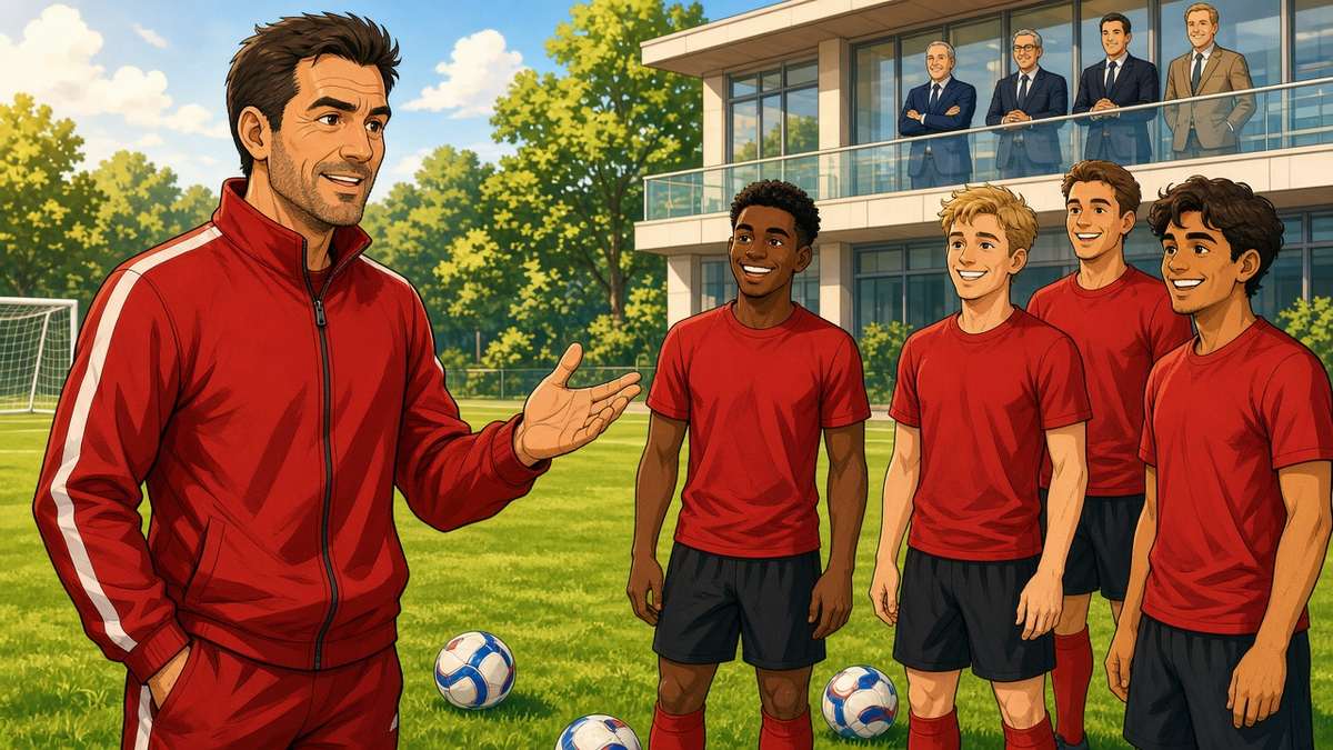 Bright comic of a fictional manager in a red jacket leading smiling players on a sunny training pitch