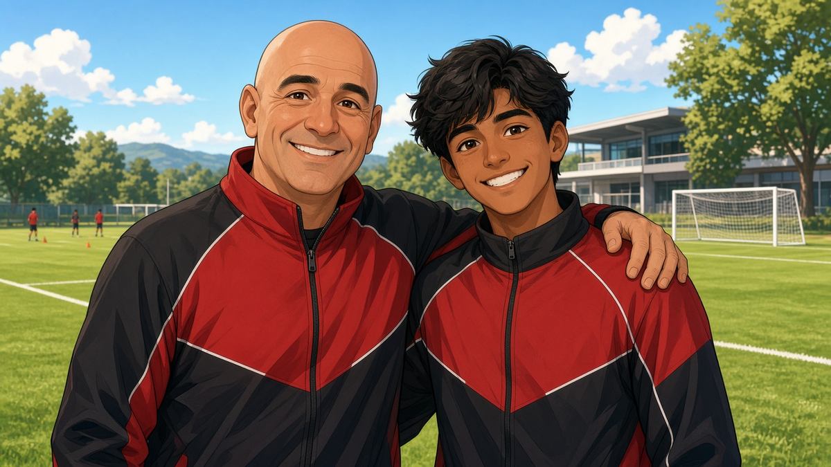 Bright comic of a fictional bald manager with his arm around a young winger on a sunny training ground