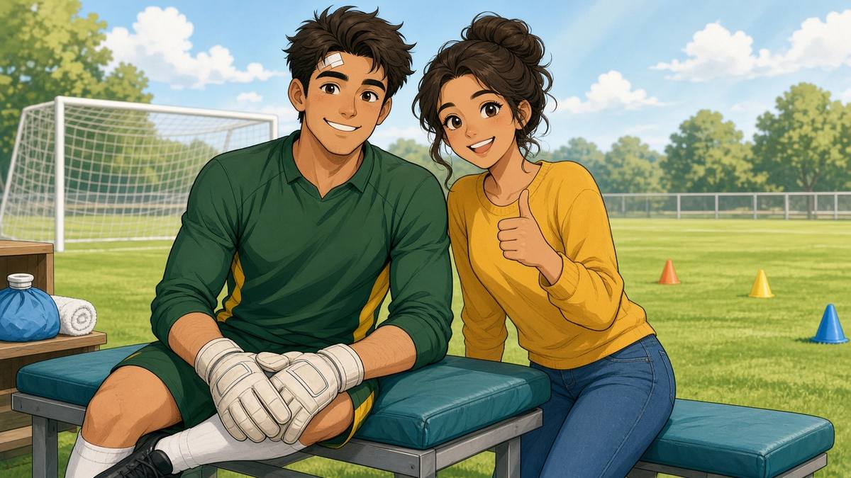 Bright comic of a smiling fictional goalkeeper with a small bandage and his cheerful wife giving a thumbs up on a sunny training ground