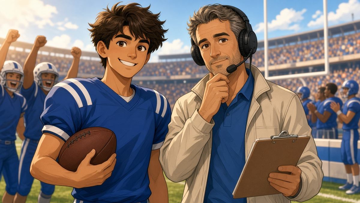 Bright comic of a smiling young fictional quarterback beside a thoughtful cartoon coach with headset on a sunny sideline