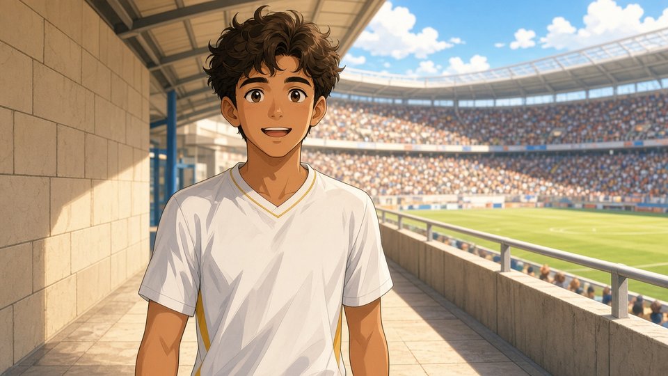 Bright comic of a fictional footballer speaking earnestly beside a club crest-free jersey on a sunny stadium walkway, face toward the viewer