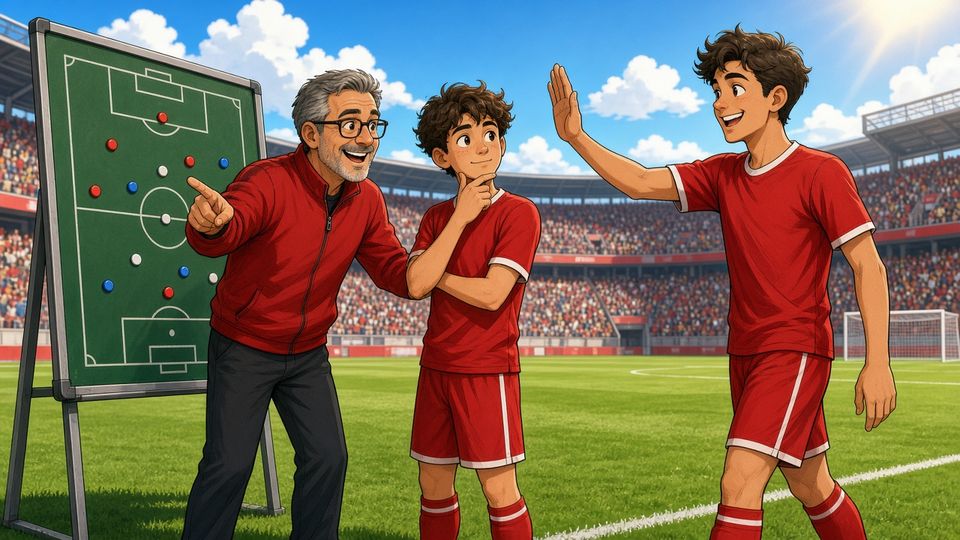 Bright comic of a thoughtful fictional midfielder in red at a tactics board with a smiling coach while a teammate offers a high-five