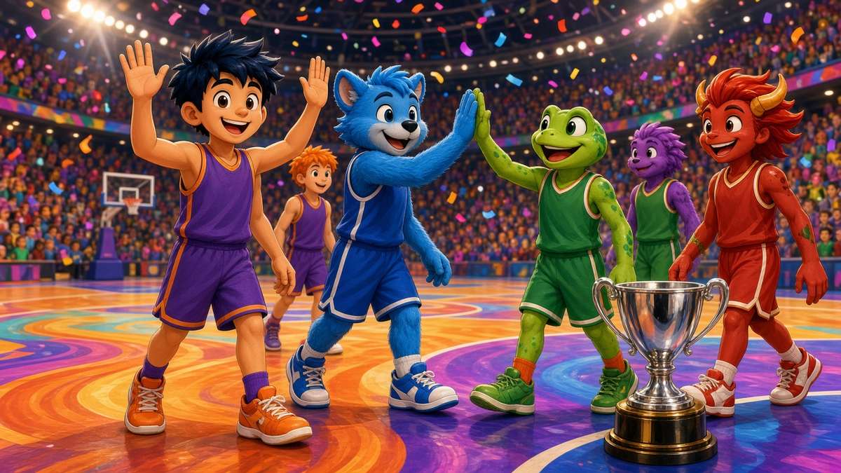 Festive comic of fictional basketball players high-fiving beside a silver cup on a colorful court