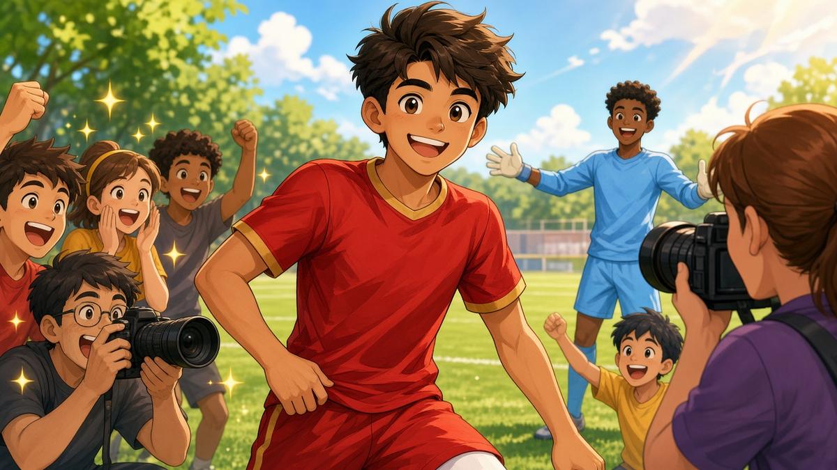 Bright comic of a grinning fictional midfielder in red surrounded by excited fans and photographers on a sunny training pitch