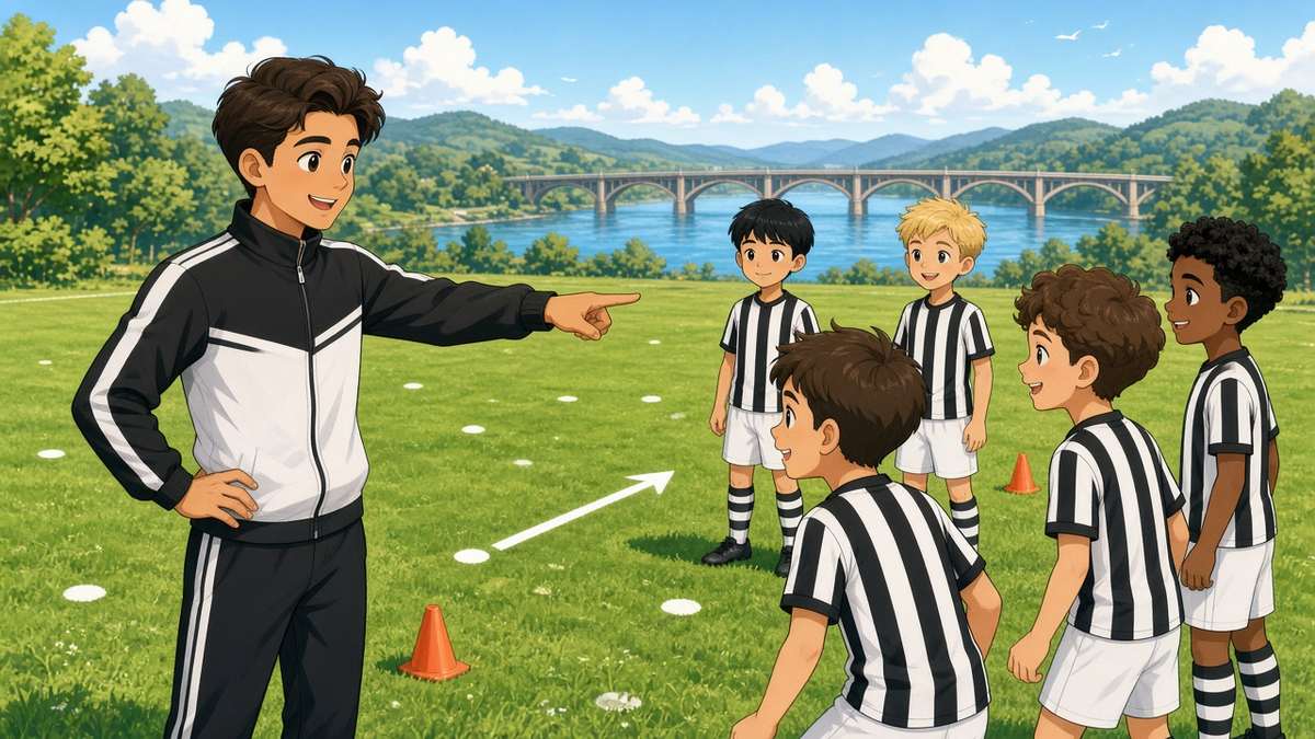Bright comic of a fictional coach in black and white explaining a forward drill to players on a sunny riverside pitch