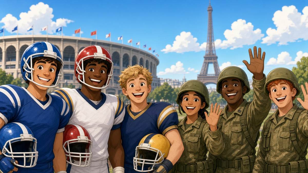 Bright comic of smiling fictional football players and soldiers waving near a Paris stadium and the Eiffel Tower