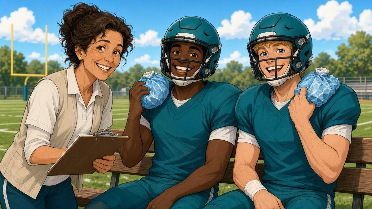 Bright comic of a friendly team doctor with a clipboard checking on two smiling fictional football players holding ice packs
