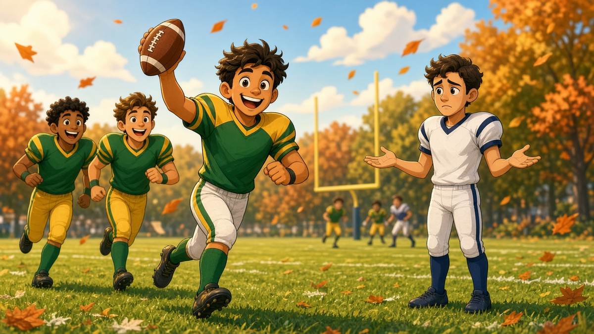 Bright comic of cheerful fictional football players in green and gold celebrating an interception on a sunny autumn field, faces toward the viewer