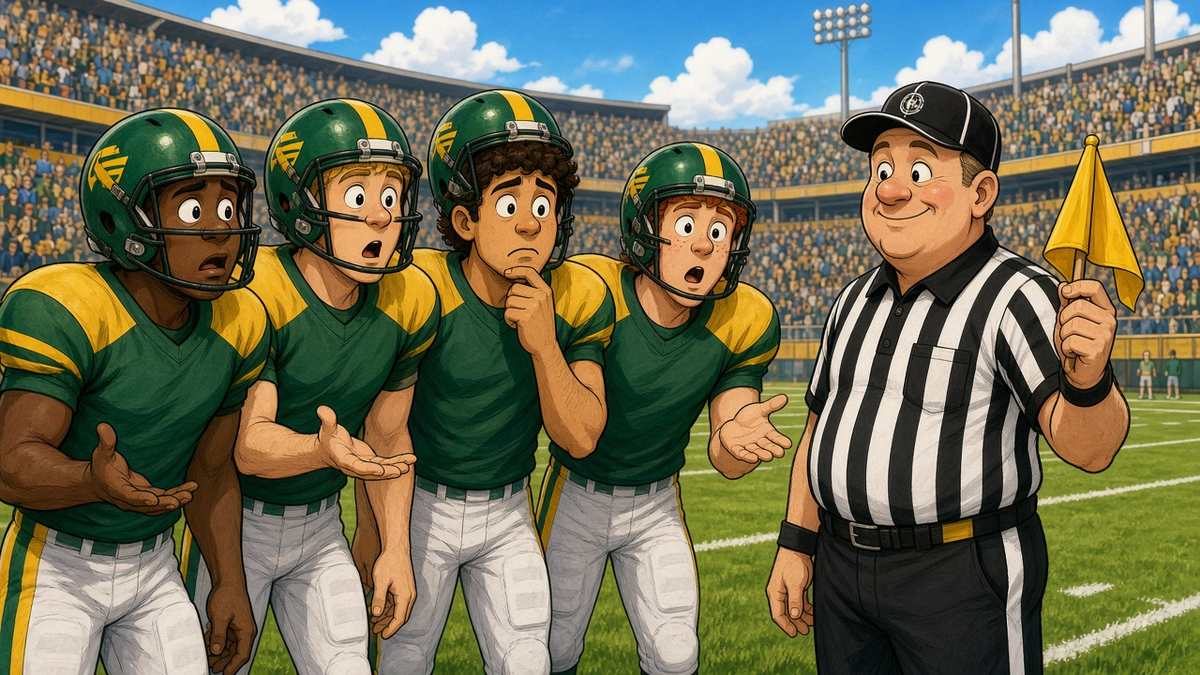 Bright comic of puzzled fictional players in green and gold facing a friendly referee holding a yellow flag