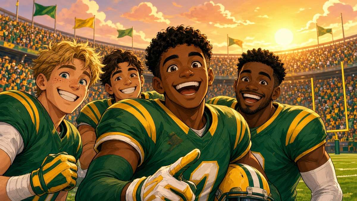 Bright comic of smiling fictional football players in green and gold celebrating a close win in a sunny stadium