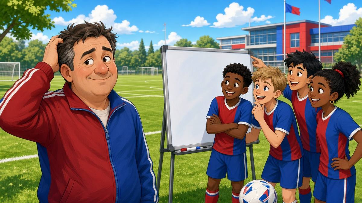 Bright comic of a sheepish fictional coach in red and blue beside players at a tactics board
