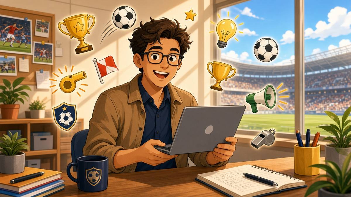 Bright comic of a cheerful fictional football journalist with a laptop surrounded by trophies and footballs