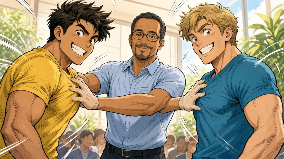 Bright comic of a calm official holding apart two grinning fictional fighters at a press event