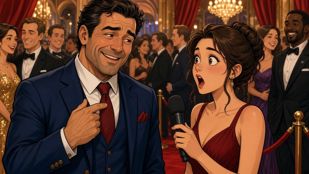 Warm comic of a fictional pundit grinning and pointing to himself as a surprised reporter holds a microphone