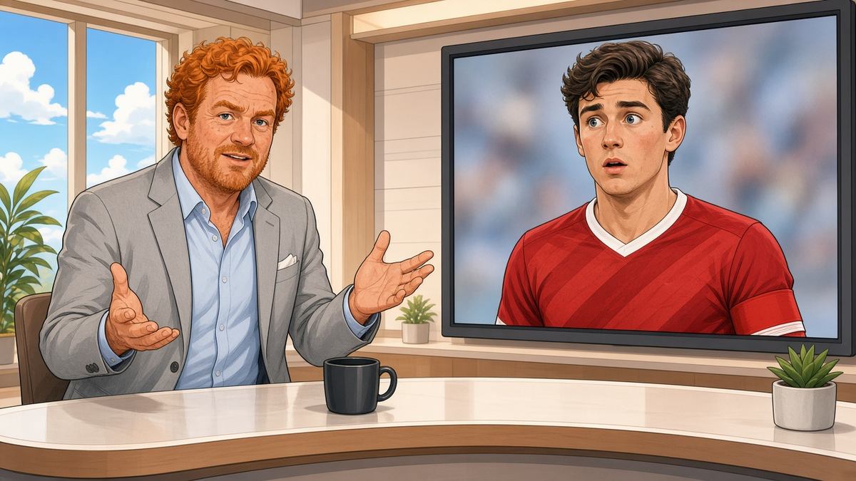 Bright comic of a fictional ginger-haired pundit gesturing in a sunny studio beside a surprised captain on screen