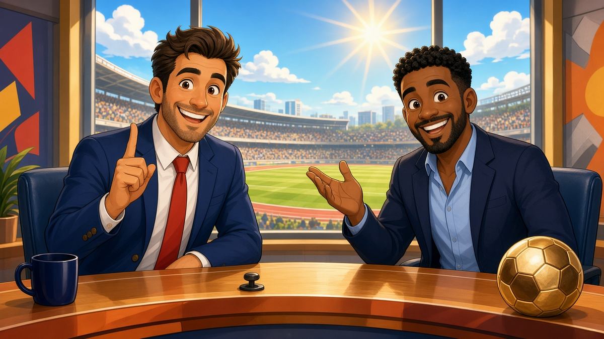 Bright comic of two fictional TV football pundits debating cheerfully at a sunny studio desk