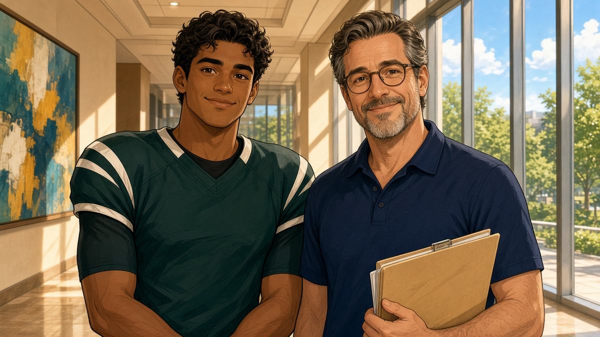 Bright comic of a fictional quarterback in green with a union representative in a sunny hallway