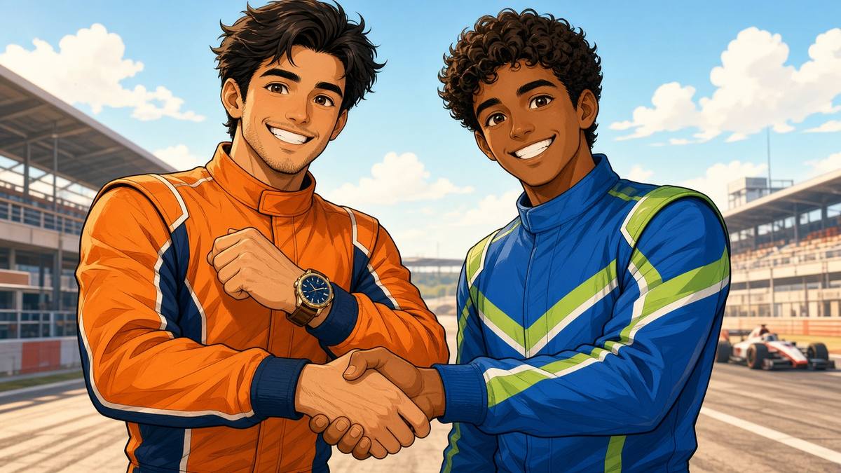 Bright comic of two smiling fictional racing drivers shaking hands at a sunny paddock, one showing a gifted watch