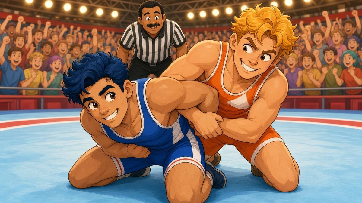 Bright comic of two grinning fictional wrestlers grappling on a mat in a lively arena
