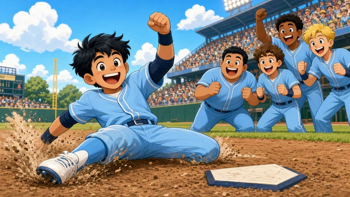 Bright comic of a joyful fictional baseball player sliding into home plate as teammates cheer on a sunny day