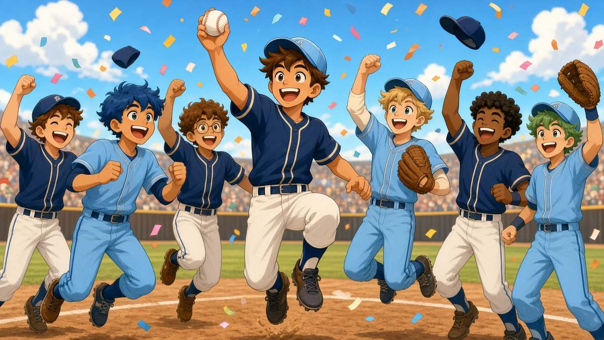 Bright comic of fictional baseball players in navy and light blue jumping for joy under confetti on a sunny infield
