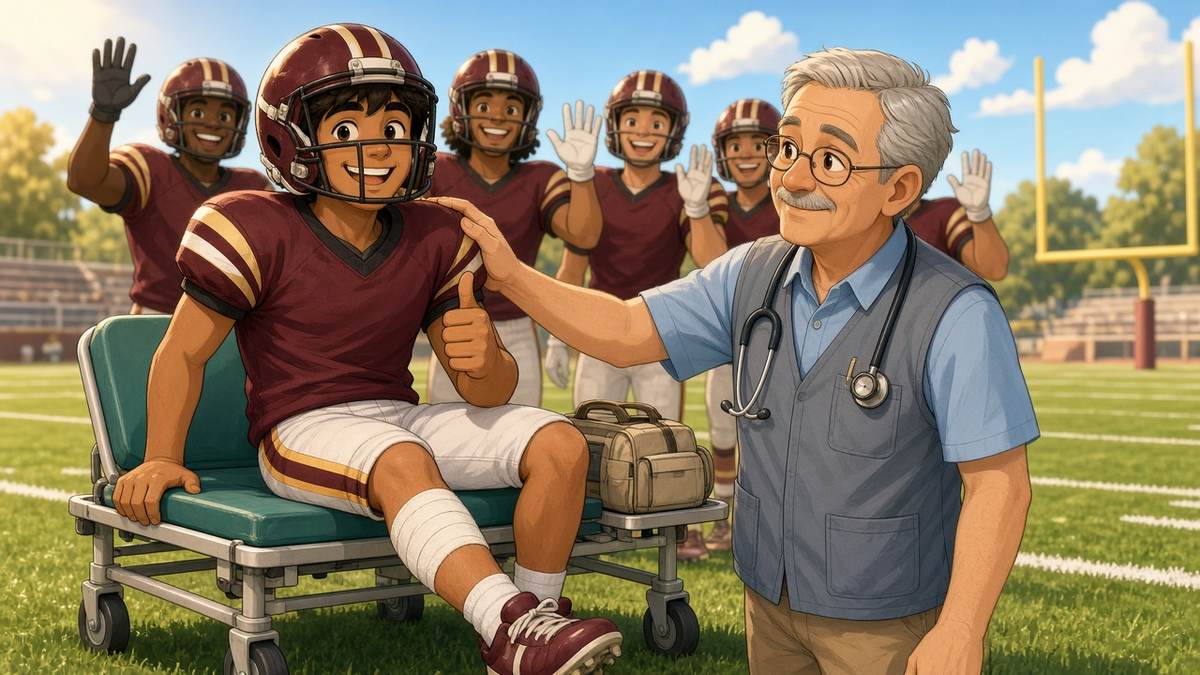 Bright comic of a fictional receiver in burgundy on a medical cart giving a brave thumbs up beside a kind medic on a sunny field