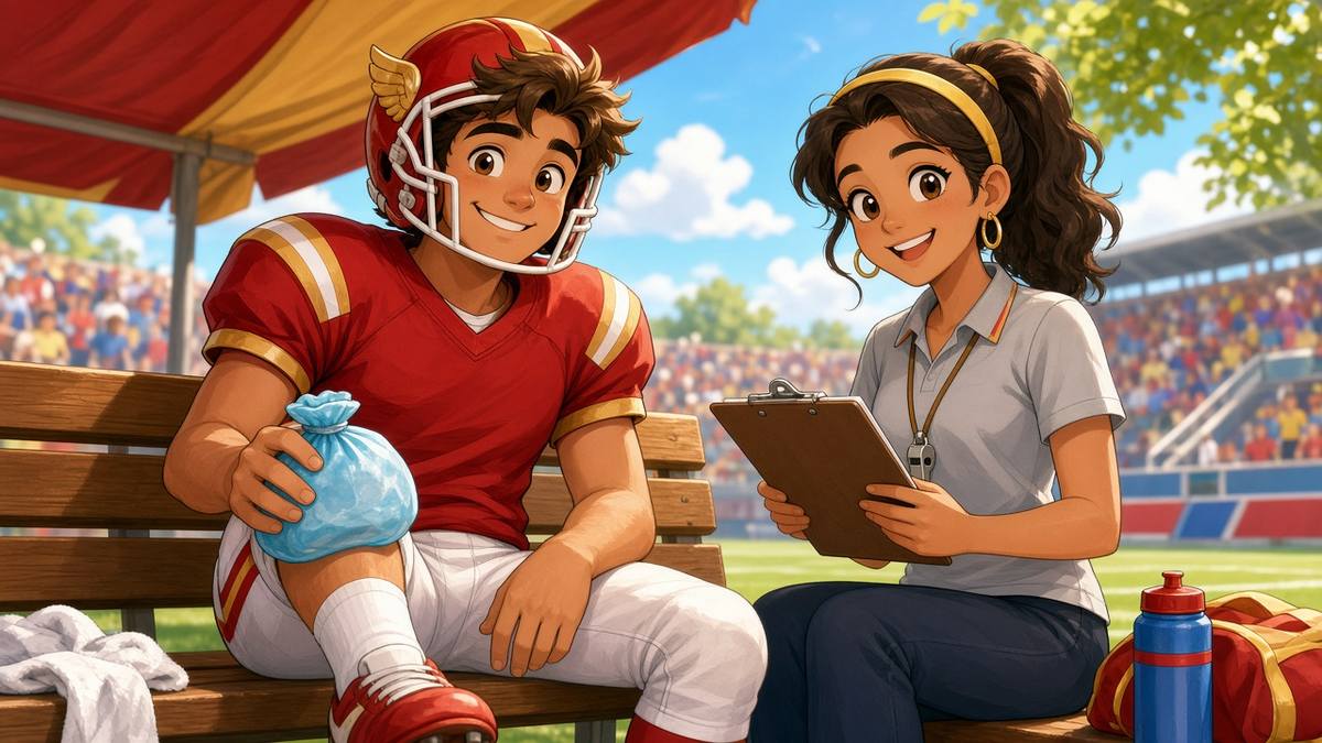 Bright comic of a hopeful fictional receiver in red and gold with an ice pack on a sunny sideline bench beside a cheerful trainer
