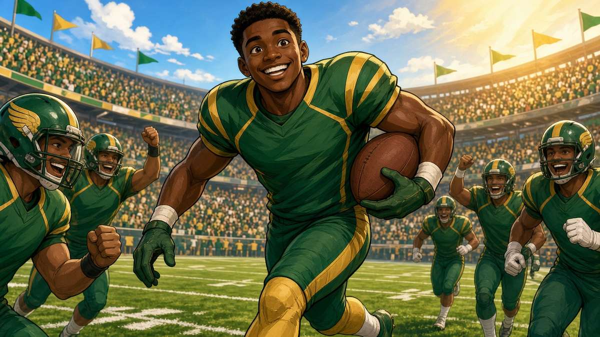 Bright comic of a smiling fictional receiver in green and gold running onto a sunny field as teammates cheer