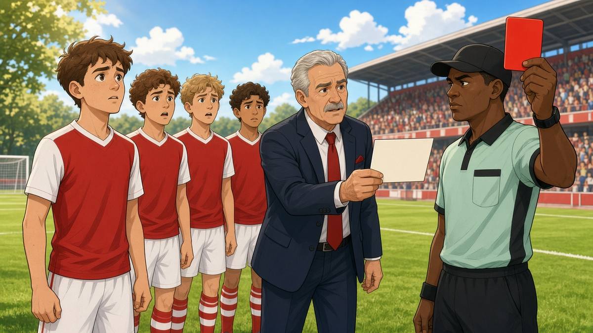 Bright comic of a fictional club official appealing a red card to a referee beside a hopeful teenage player