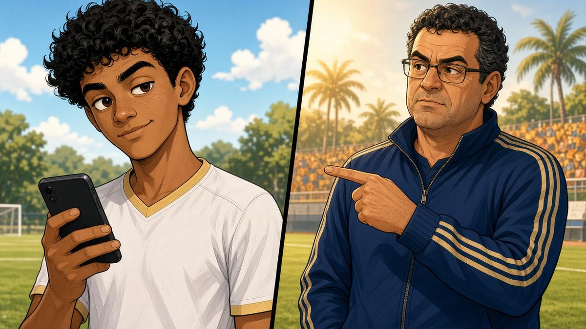 Bright split-panel comic of a fictional forward with a smartphone and a fictional coach gesturing on a sunny touchline