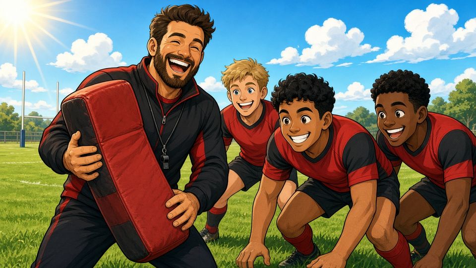 Bright comic of a laughing fictional rugby coach holding a tackle pad as grinning players in red and black line up on a sunny pitch