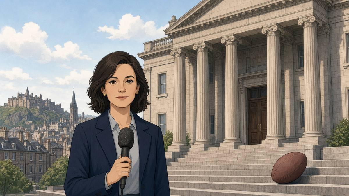 Calm comic of a fictional reporter outside a stone courthouse with a rugby ball on the steps