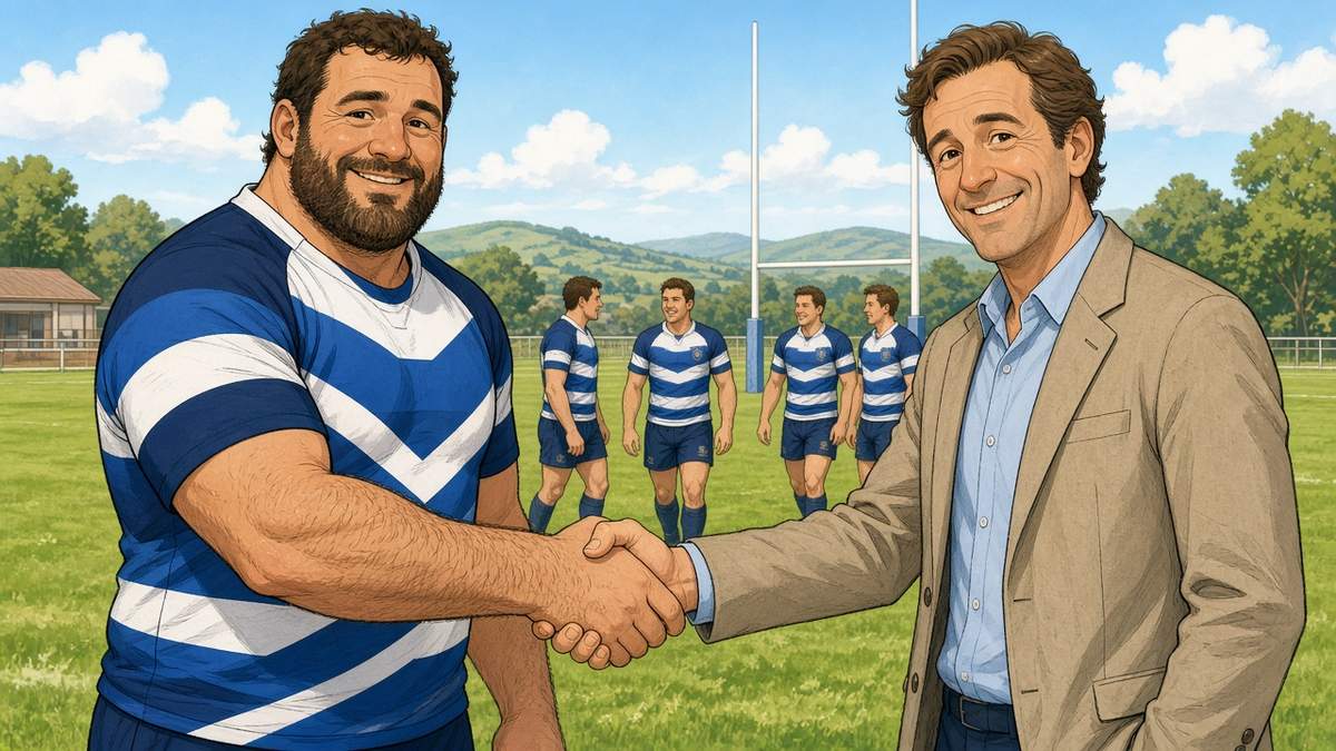 Bright comic of a fictional rugby prop in blue and white shaking hands with a smiling club director