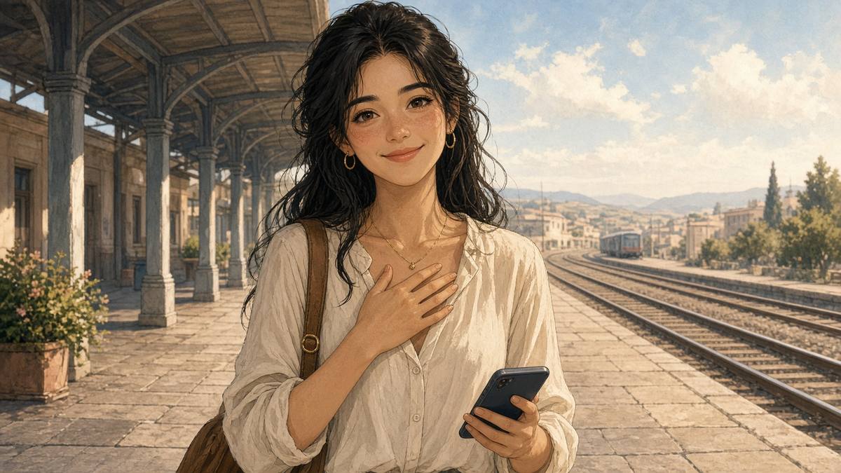 Gentle comic of a relieved fictional young woman standing safely on a sunny Spanish train platform