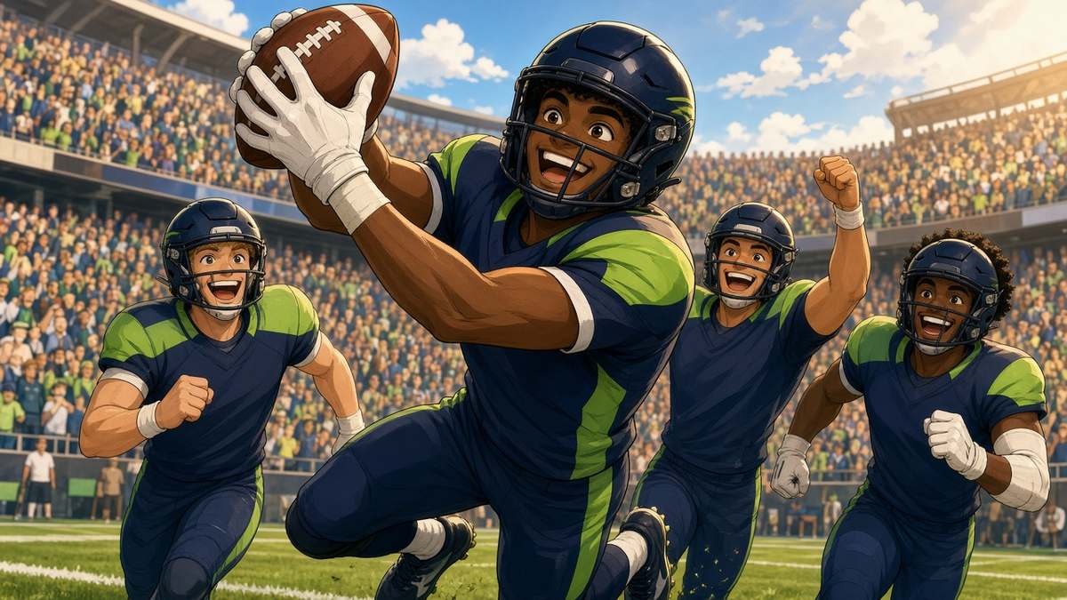 Bright comic of a joyful fictional receiver in navy and green catching the ball as teammates celebrate in a sunny stadium