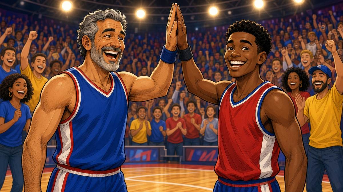 Bright comic of a fictional veteran basketball center high-fiving a teammate in a lively arena