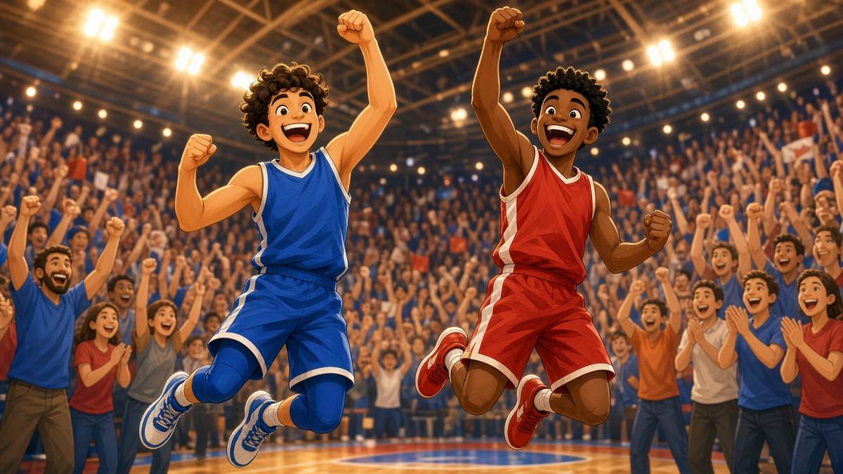 Bright comic of two fictional basketball players jumping for joy after a comeback win in a cheering arena