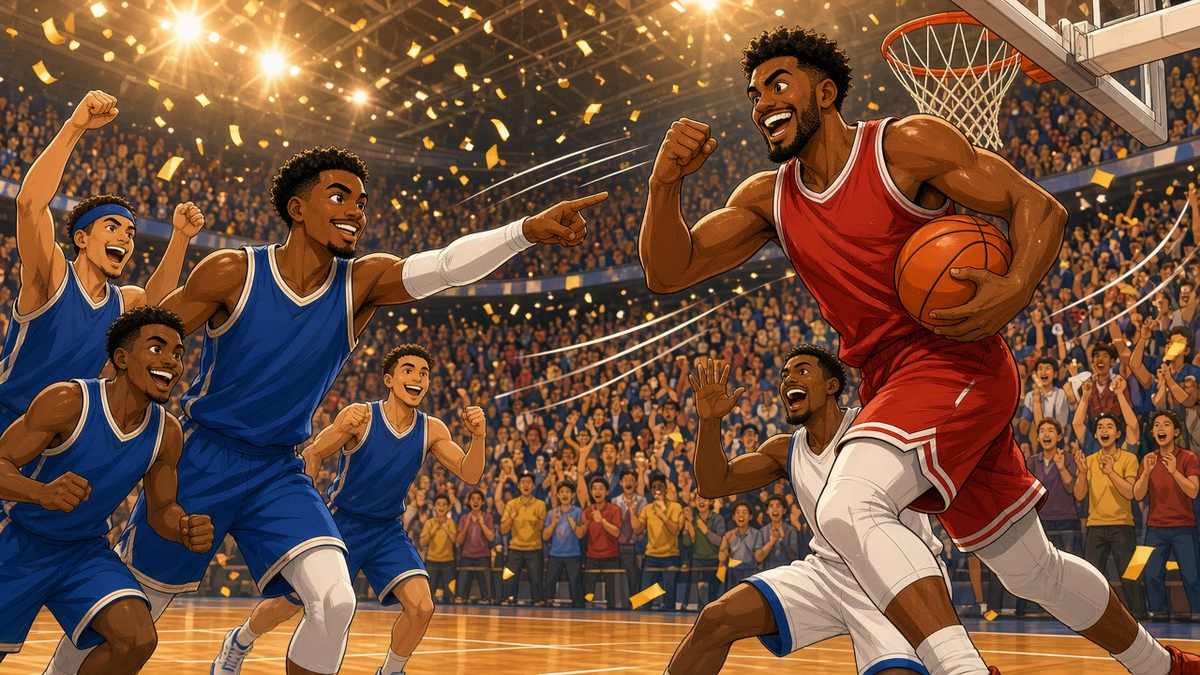 Bright comic of fictional basketball players celebrating a dramatic comeback in a lively arena