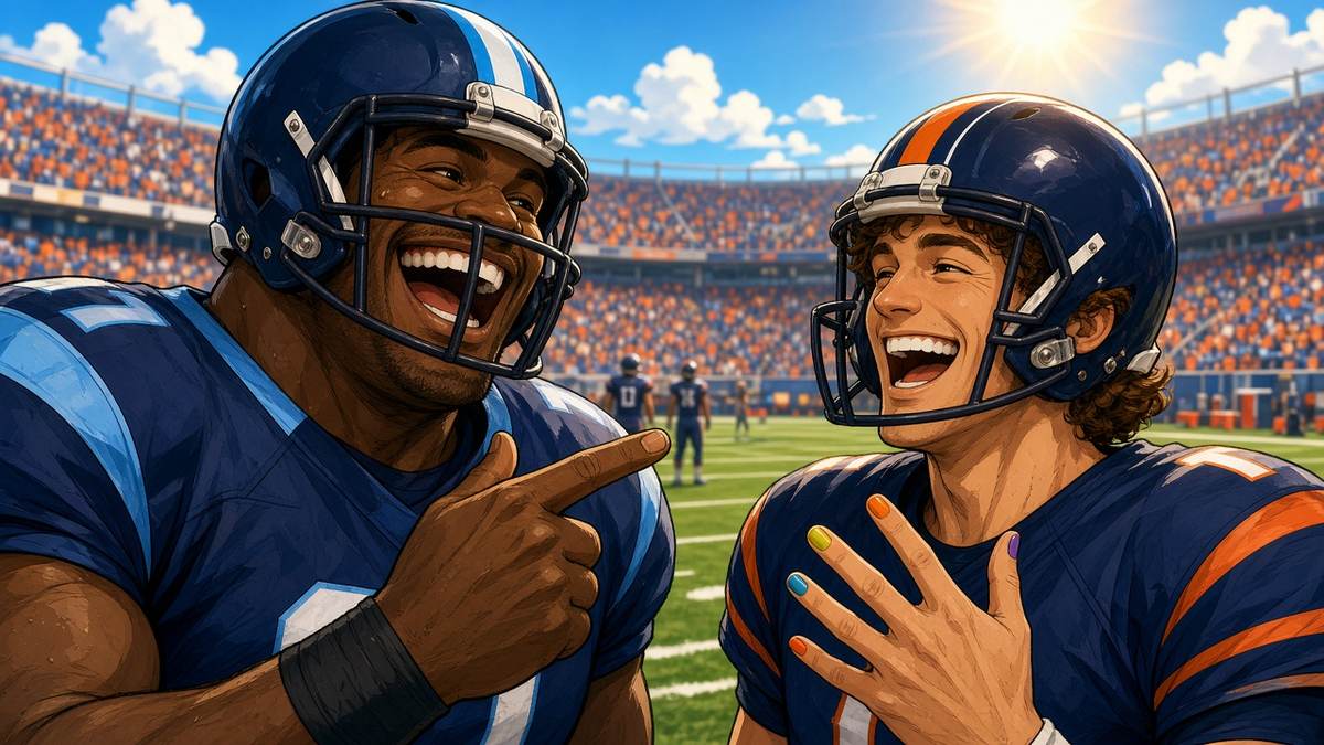 Bright comic of a fictional lineman joking with a laughing fictional quarterback showing painted nails