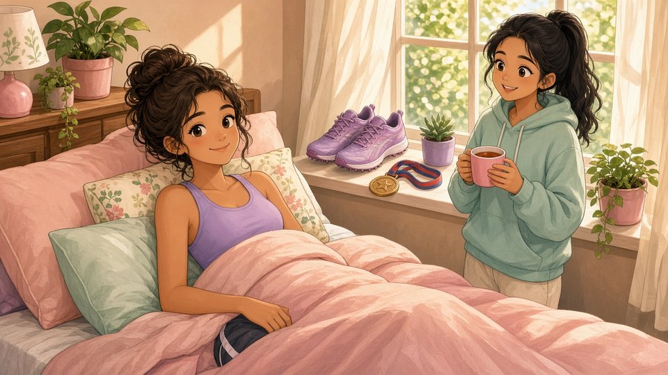 Bright comic of a fictional young sprinter resting in a cozy sunlit bed, smiling hopefully as a friend brings tea, running shoes on the windowsill