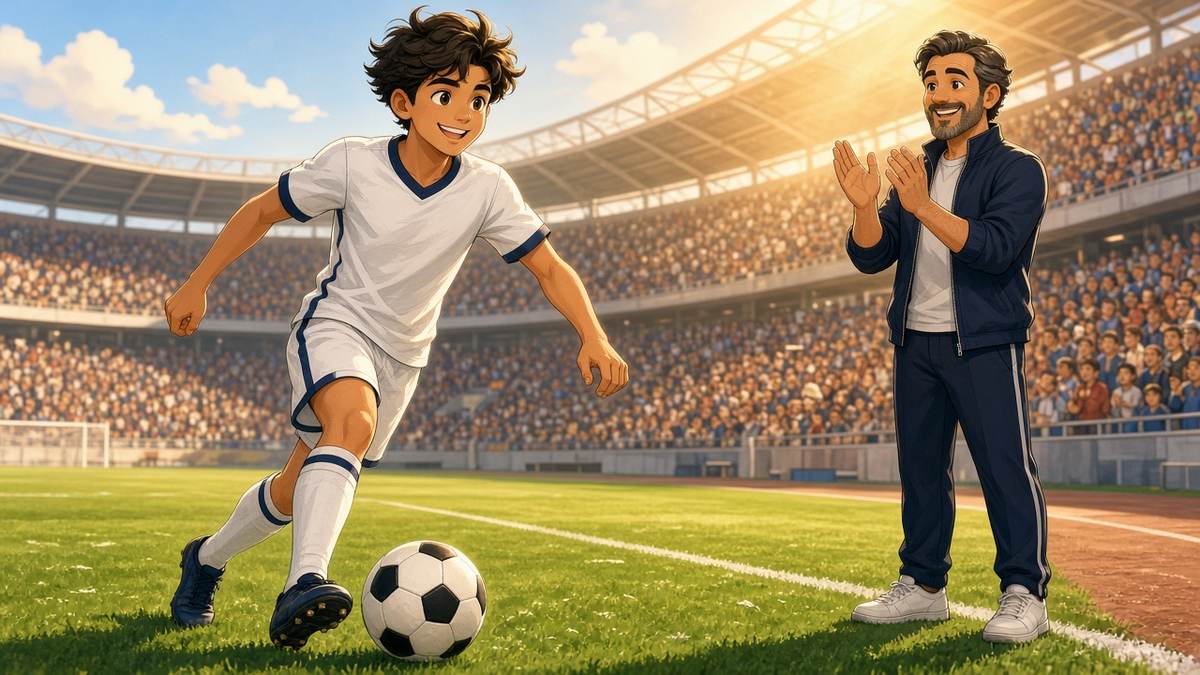 Bright comic of a confident fictional midfielder in white dribbling as a proud coach applauds in a sunny stadium