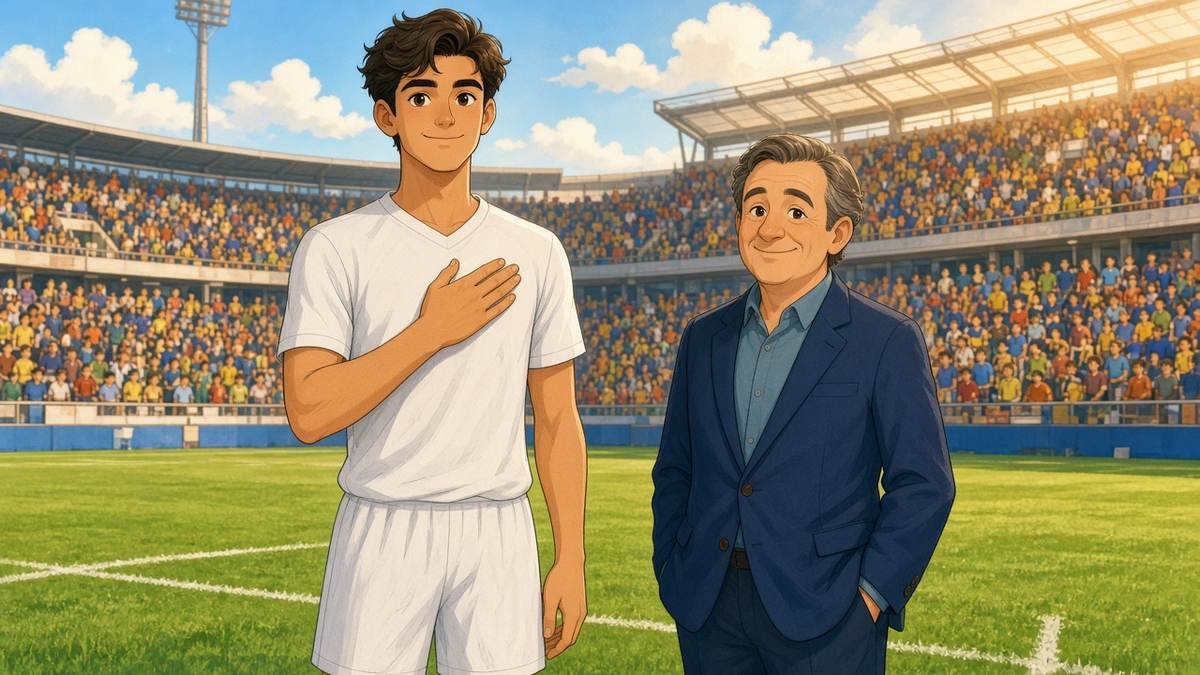 Bright comic of a fictional striker in white standing with hand on heart beside a smiling manager in a sunny stadium