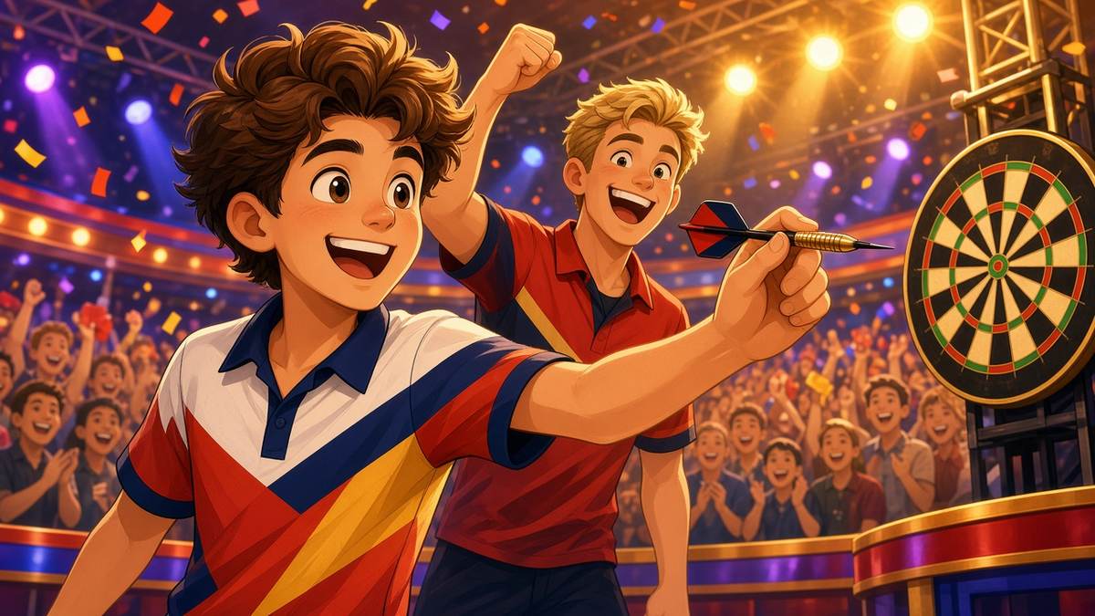Bright comic of a beaming fictional teenage darts player throwing on a festive stage