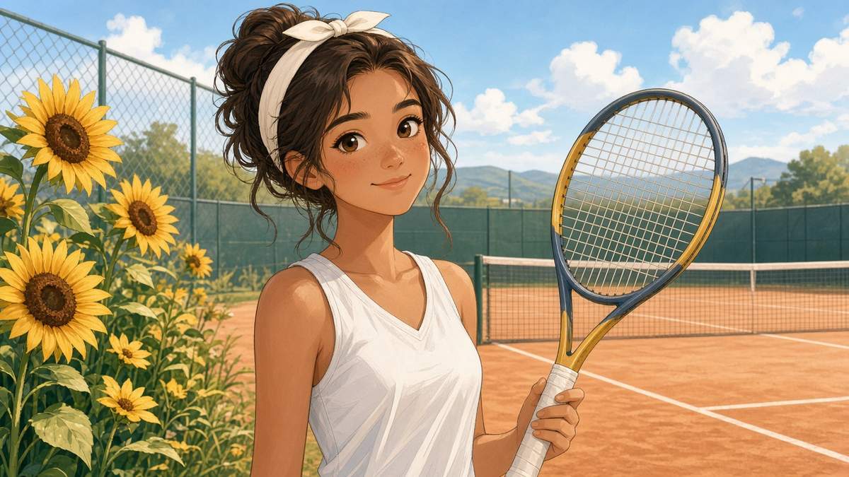 Bright comic of a calm smiling fictional tennis player holding her racket beside sunflowers on a sunny clay court