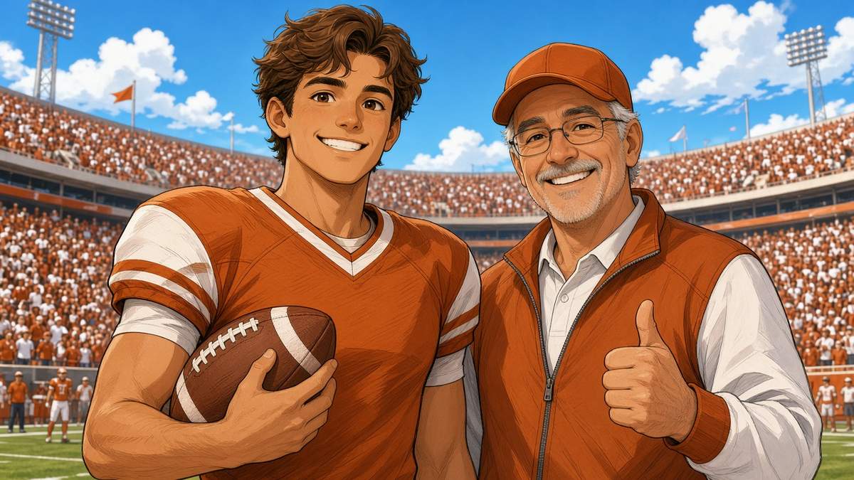 Bright comic of a smiling fictional quarterback in burnt orange with his coach giving a thumbs up in a sunny stadium