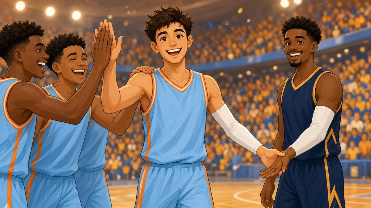 Bright comic of a smiling fictional guard in light blue getting high fives and shaking hands with an opponent