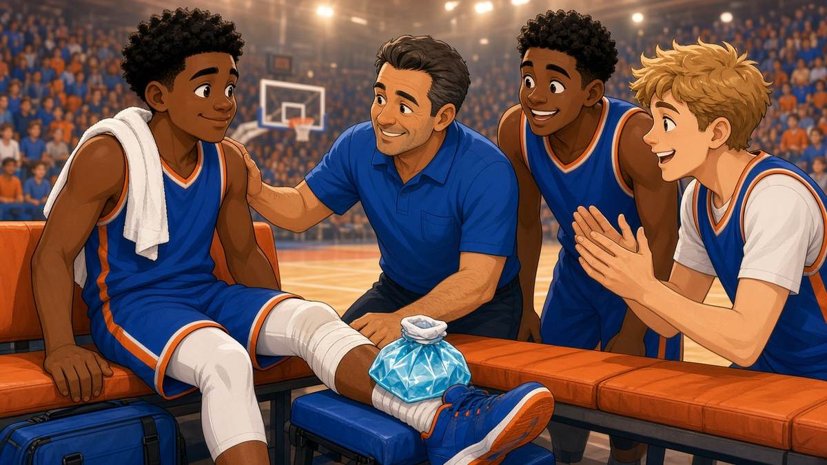 Bright comic of a fictional basketball player with an ice pack on his leg encouraged by a kind trainer and smiling teammates